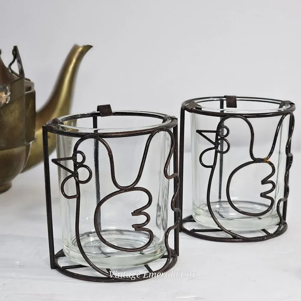 Vtg Chicken Bird Tea Light Votive Candle Holder Clear Glass Rustic Metal Holder